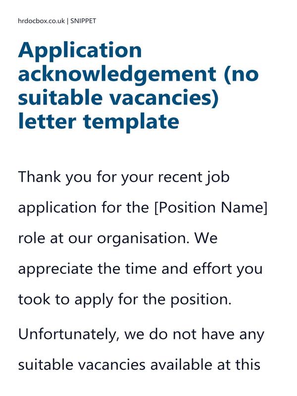 Application acknowledgement (no suitable vacancies) letter template preview