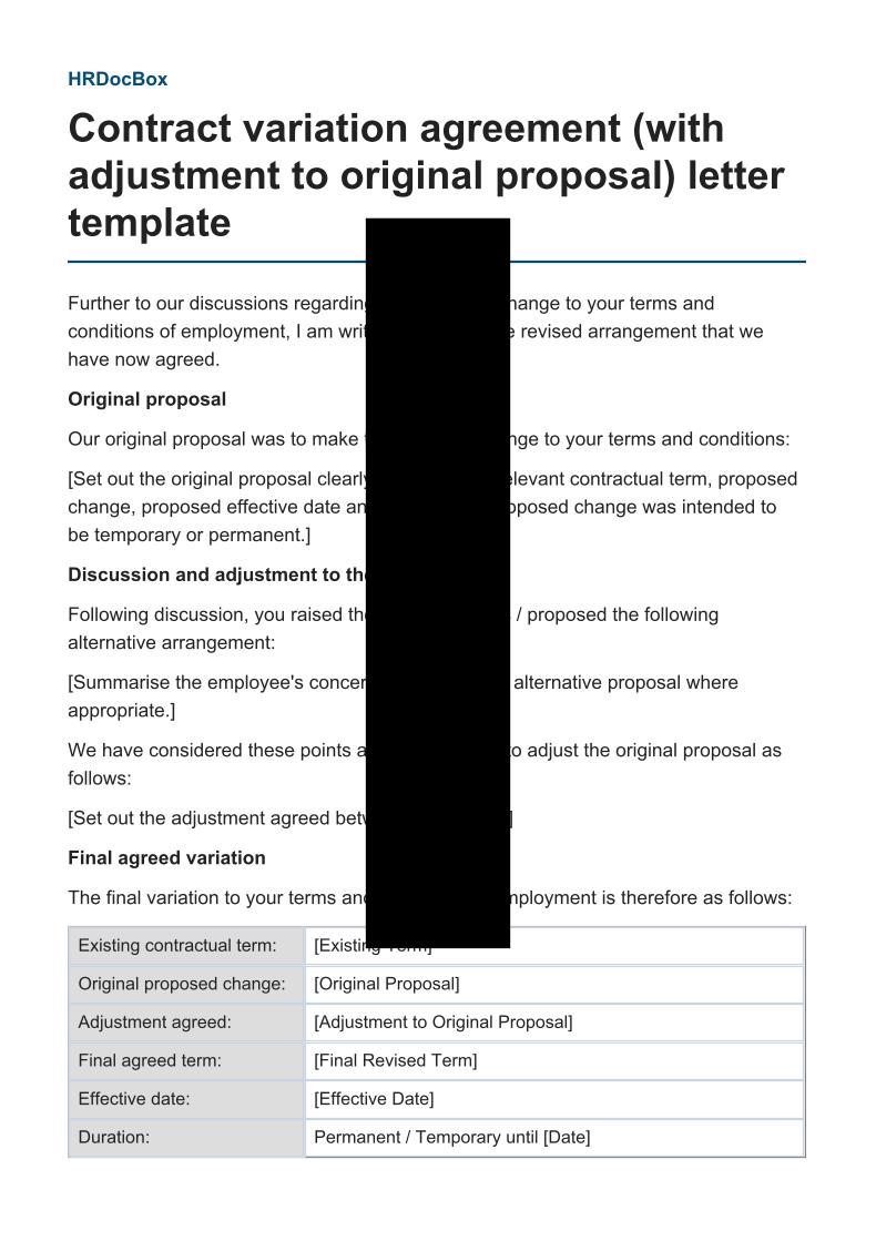 Contract variation agreement (with adjustment to original proposal) letter template preview