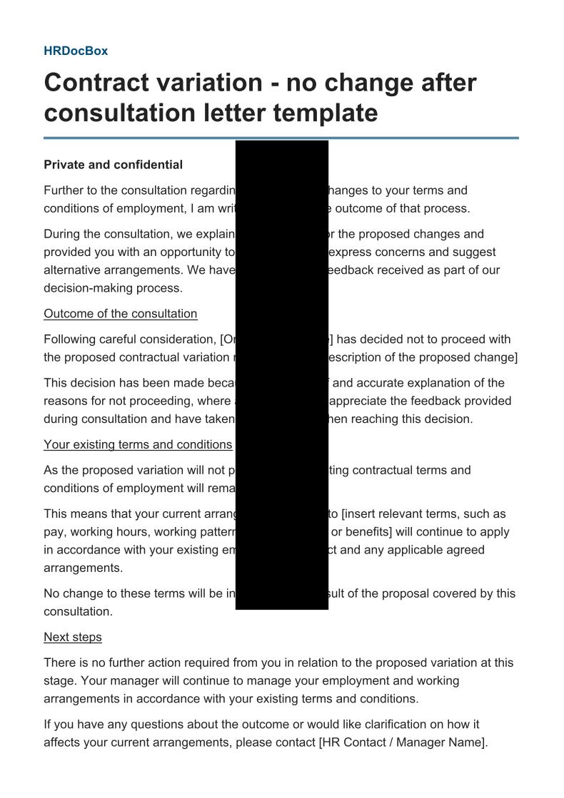 Contract variation - no change after consultation letter template preview