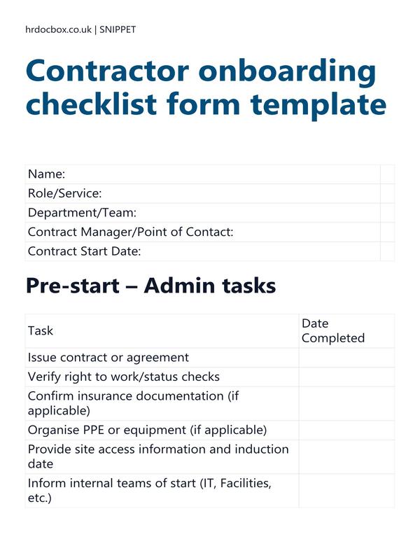 Contractor onboarding checklist form template preview