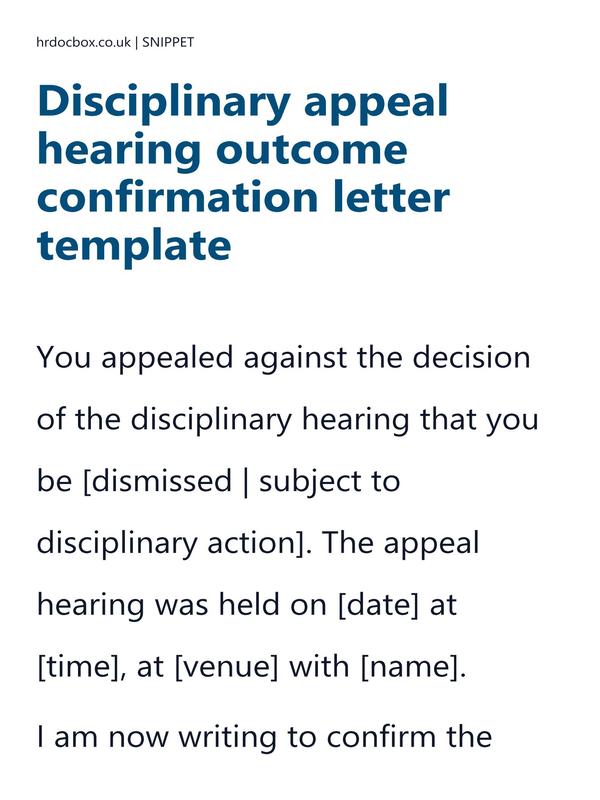 Disciplinary appeal hearing outcome confirmation letter template preview