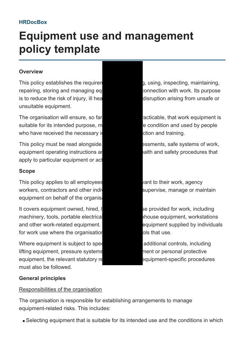 Equipment use and management policy template preview