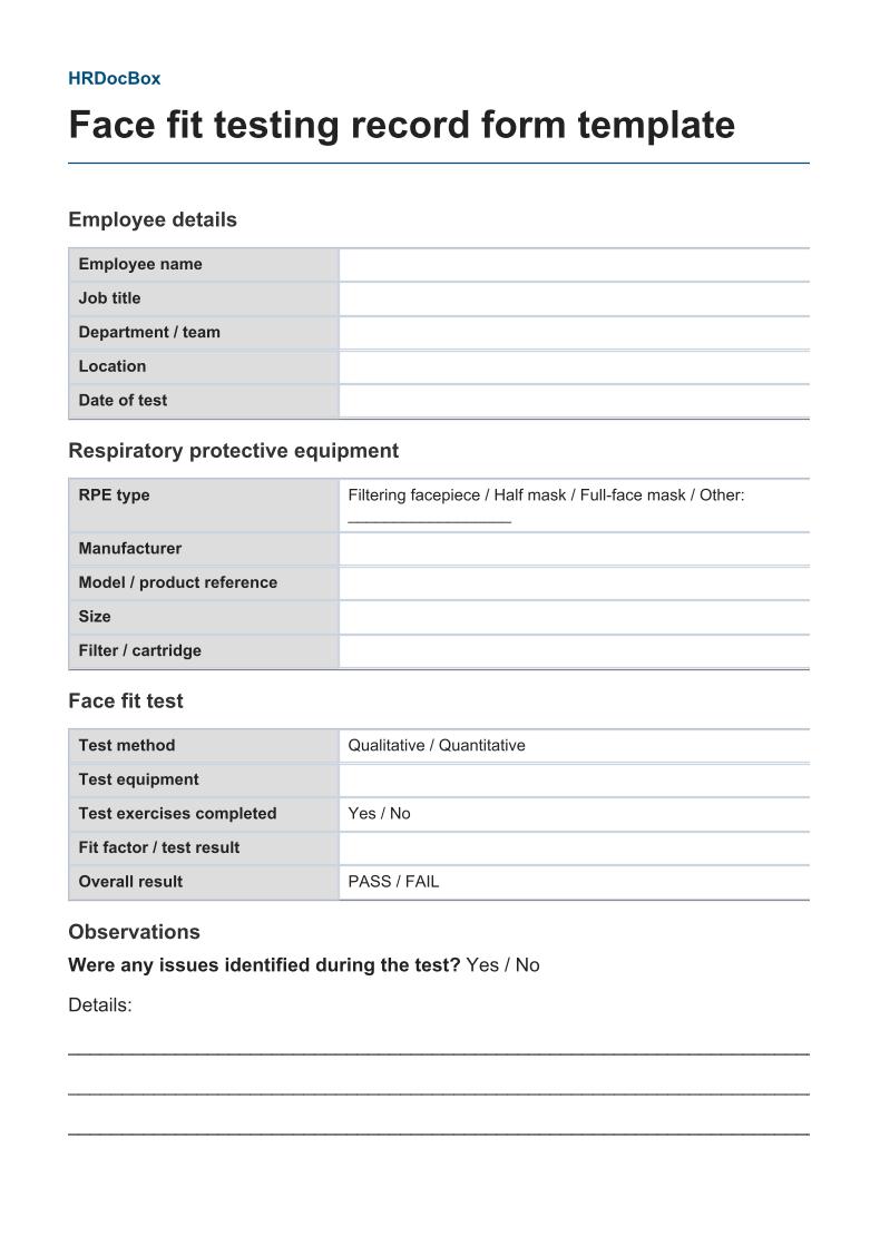 Face fit testing record form template preview