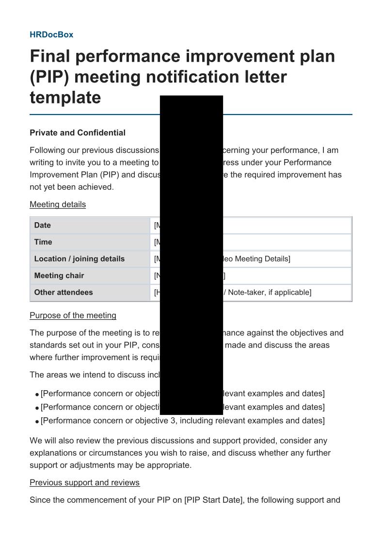 Final performance improvement plan (PIP) meeting notification letter template preview