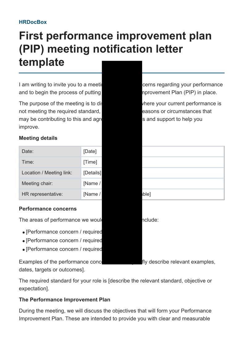 First performance improvement plan (PIP) meeting notification letter template preview