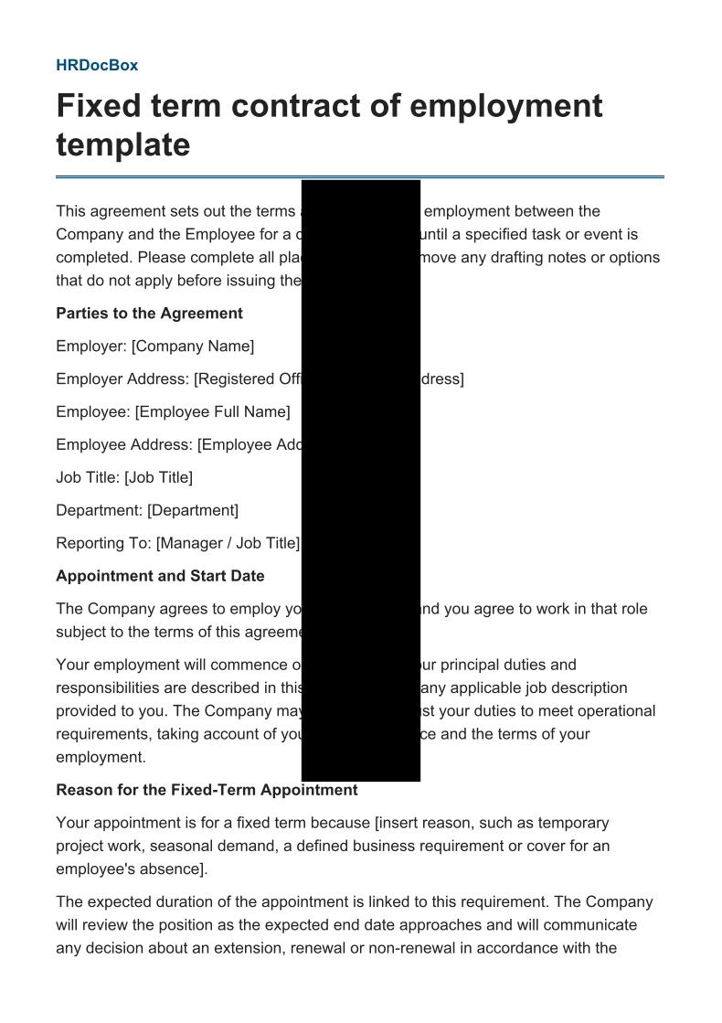Fixed term contract of employment template preview