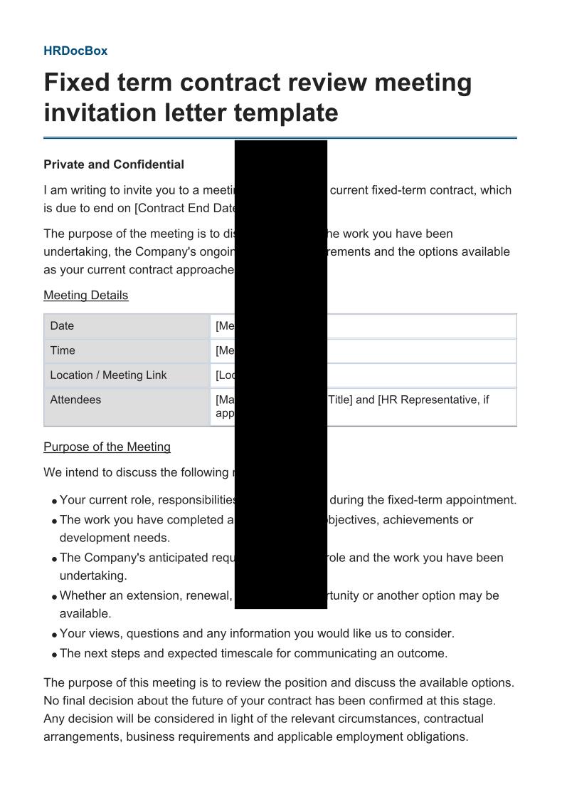 Fixed term contract review meeting invitation letter template preview