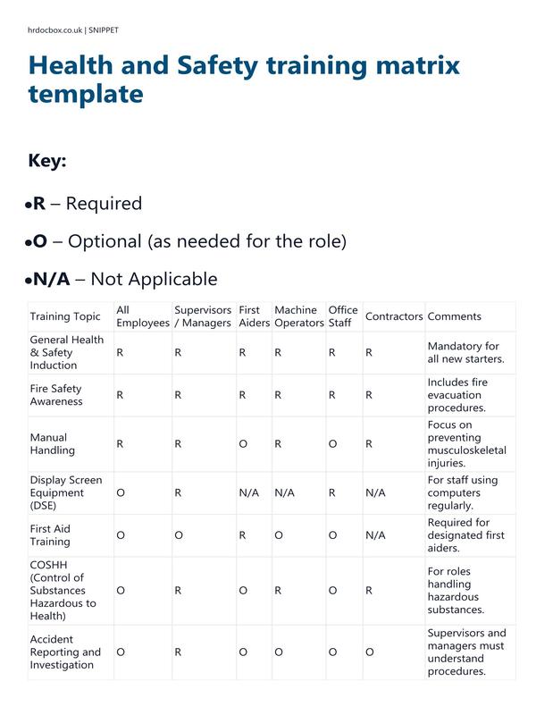Health and Safety training matrix template preview