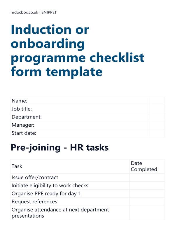 Induction or onboarding programme checklist form template preview