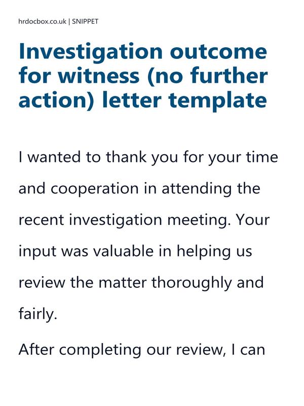 Investigation outcome for witness (no further action) letter template preview