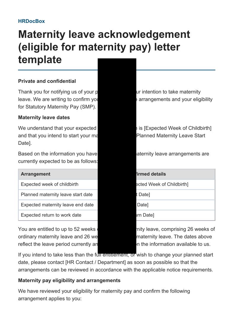 Maternity leave acknowledgement (eligible for maternity pay) letter template preview