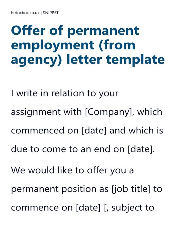 Offer of permanent employment (from agency) letter template preview