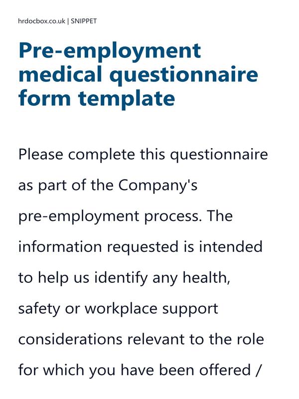 Pre-employment medical questionnaire form template preview