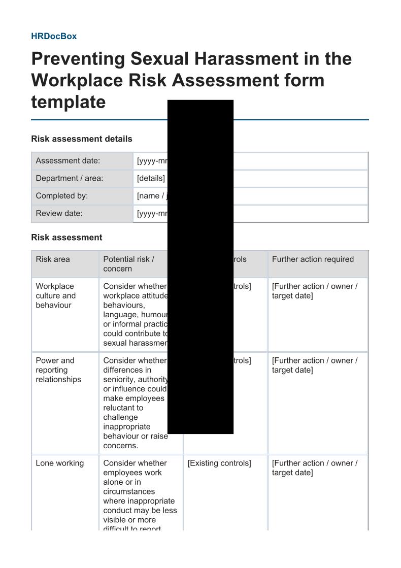 Preventing Sexual Harassment in the Workplace Risk Assessment form template preview