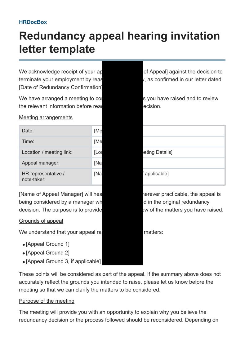 Redundancy appeal hearing invitation letter template preview