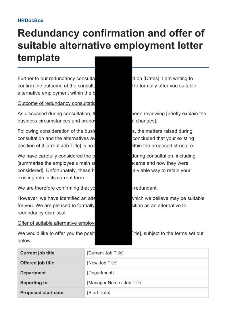 Redundancy confirmation and offer of suitable alternative employment letter template preview