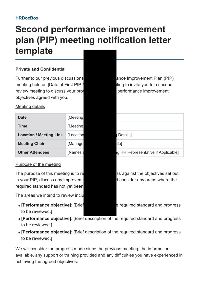 Second performance improvement plan (PIP) meeting notification letter template preview