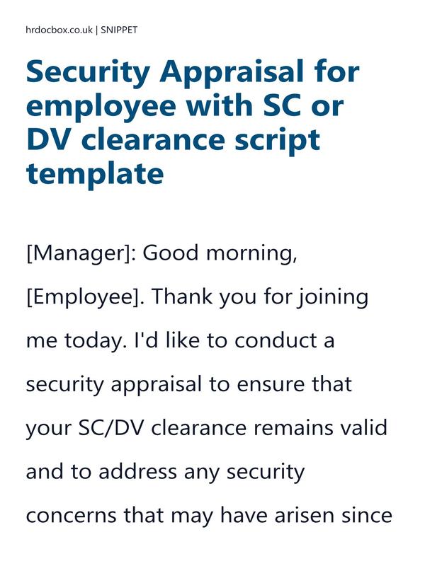 Security Appraisal for employee with SC or DV clearance script template preview