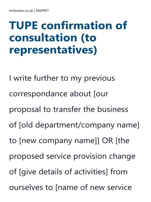 TUPE confirmation of consultation (to representatives) letter template preview