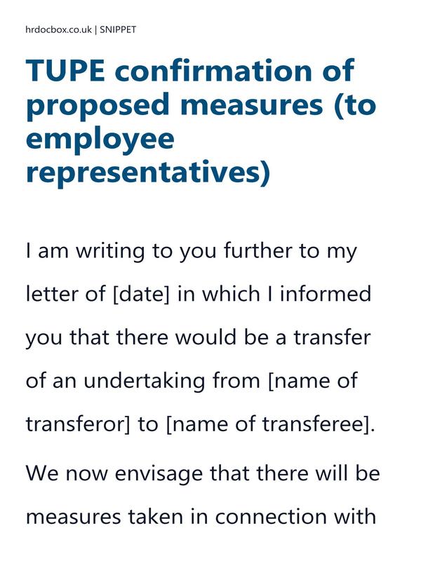 TUPE confirmation of proposed measures (to employee representatives) letter template preview