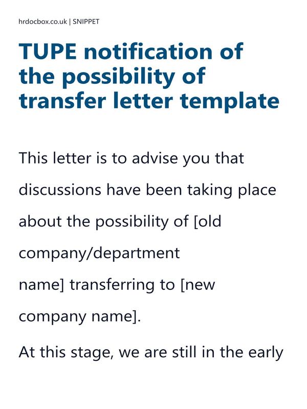 TUPE notification of the possibility of transfer letter template preview