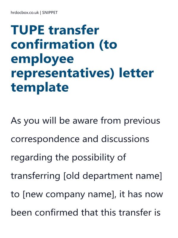 TUPE transfer confirmation (to employee representatives) letter template preview
