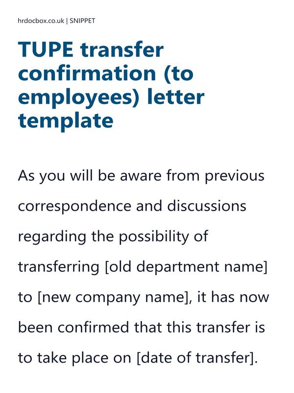 TUPE transfer confirmation (to employees) letter template preview