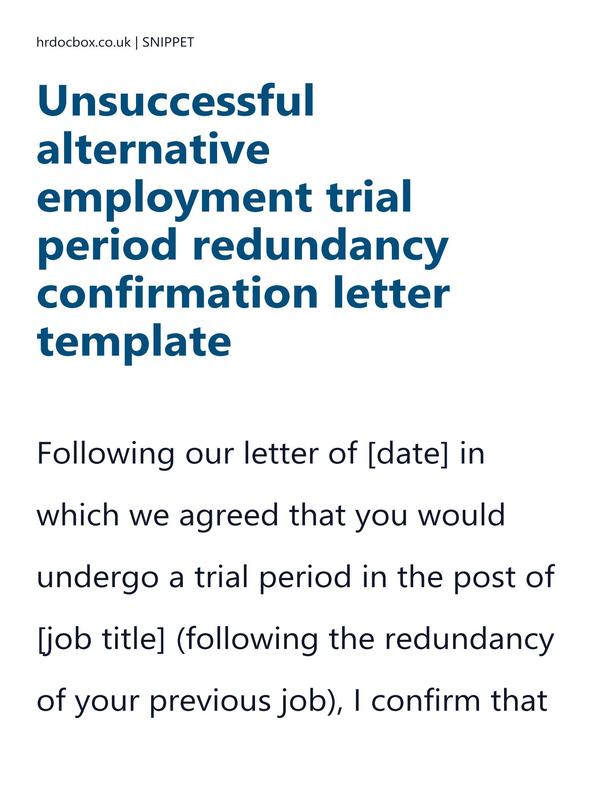 Unsuccessful alternative employment trial period redundancy confirmation letter template preview